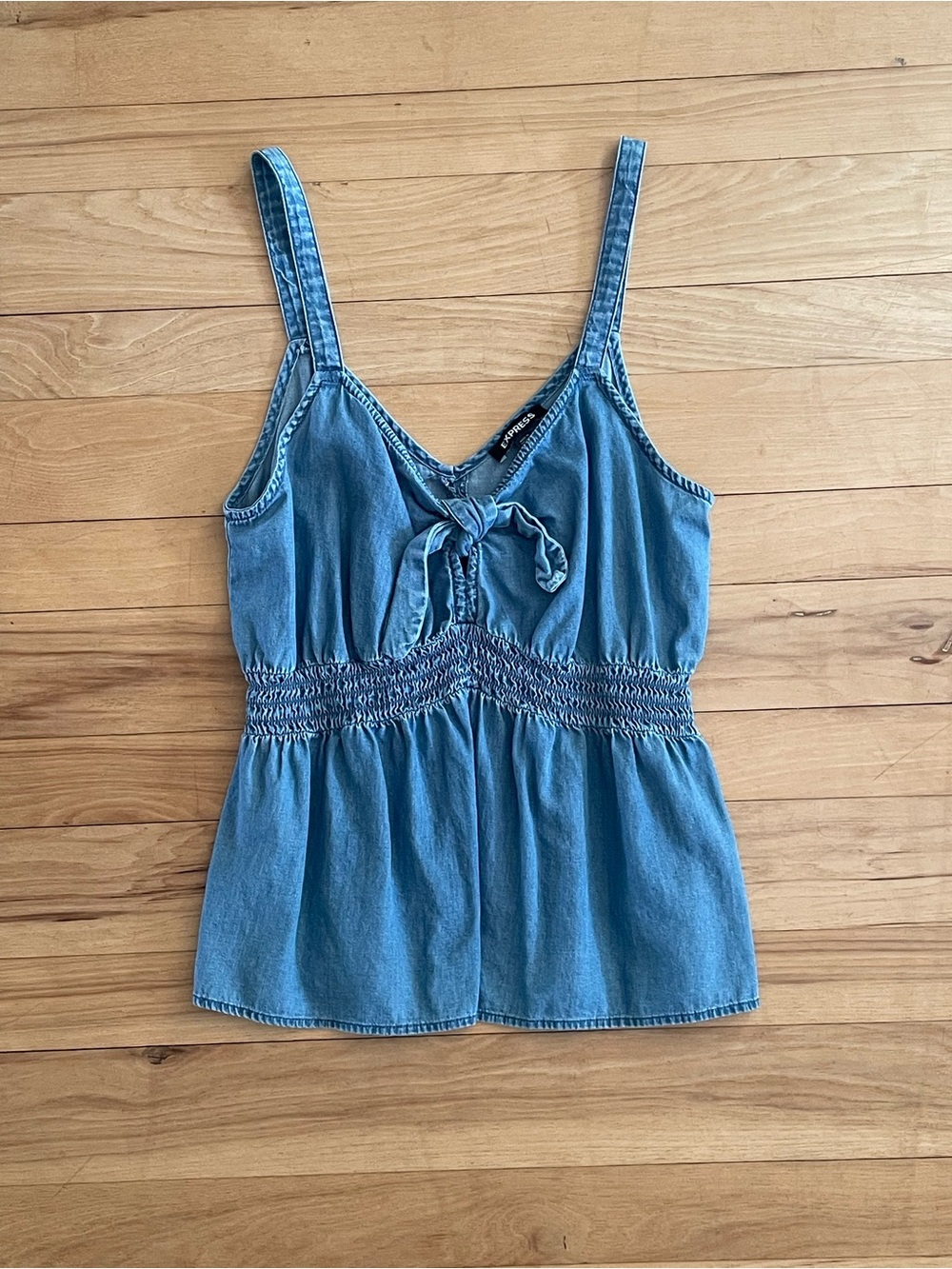 Express Denim Tie-Front Smocked Waist Cami Top - Blue